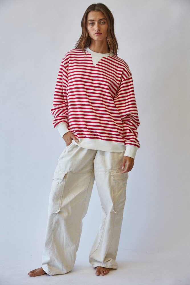 HT1427-3 RED Classic Blue Stripe Pullover Sweatshirt