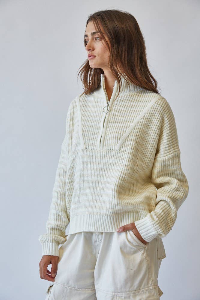 HSW1288 Preppy Californian Half-zip Striped Sweater-Ecru