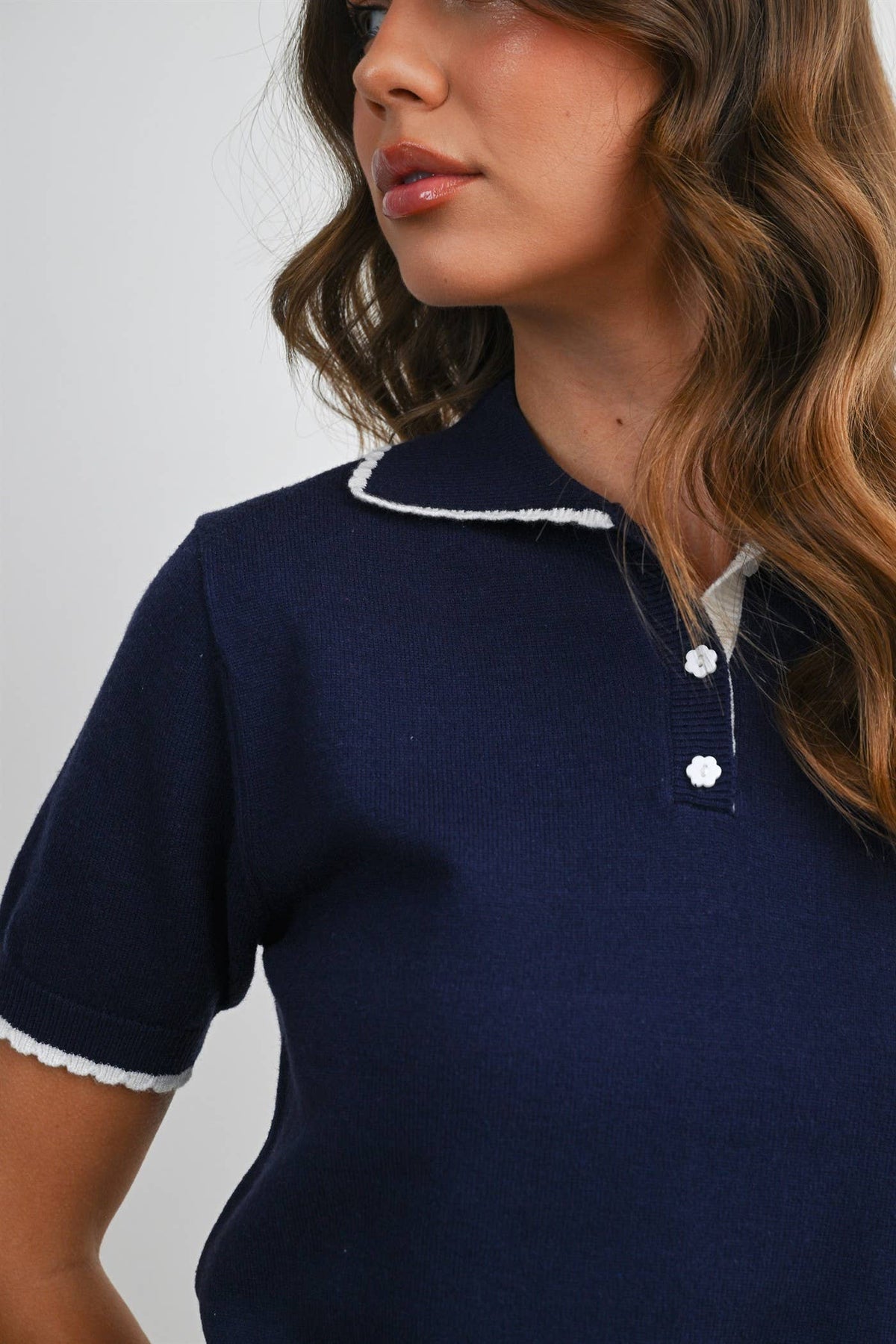 Scalloped Trim Knit Polo Top - BMW8391