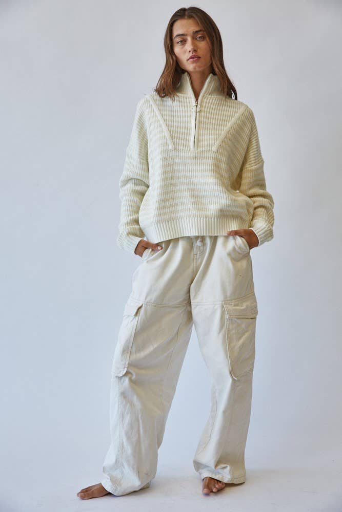 HSW1288 Preppy Californian Half-zip Striped Sweater-Ecru