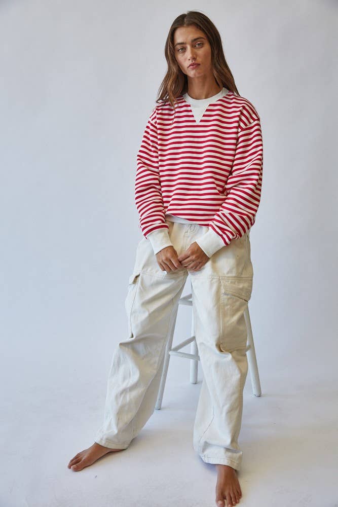 HT1427-3 RED Classic Blue Stripe Pullover Sweatshirt