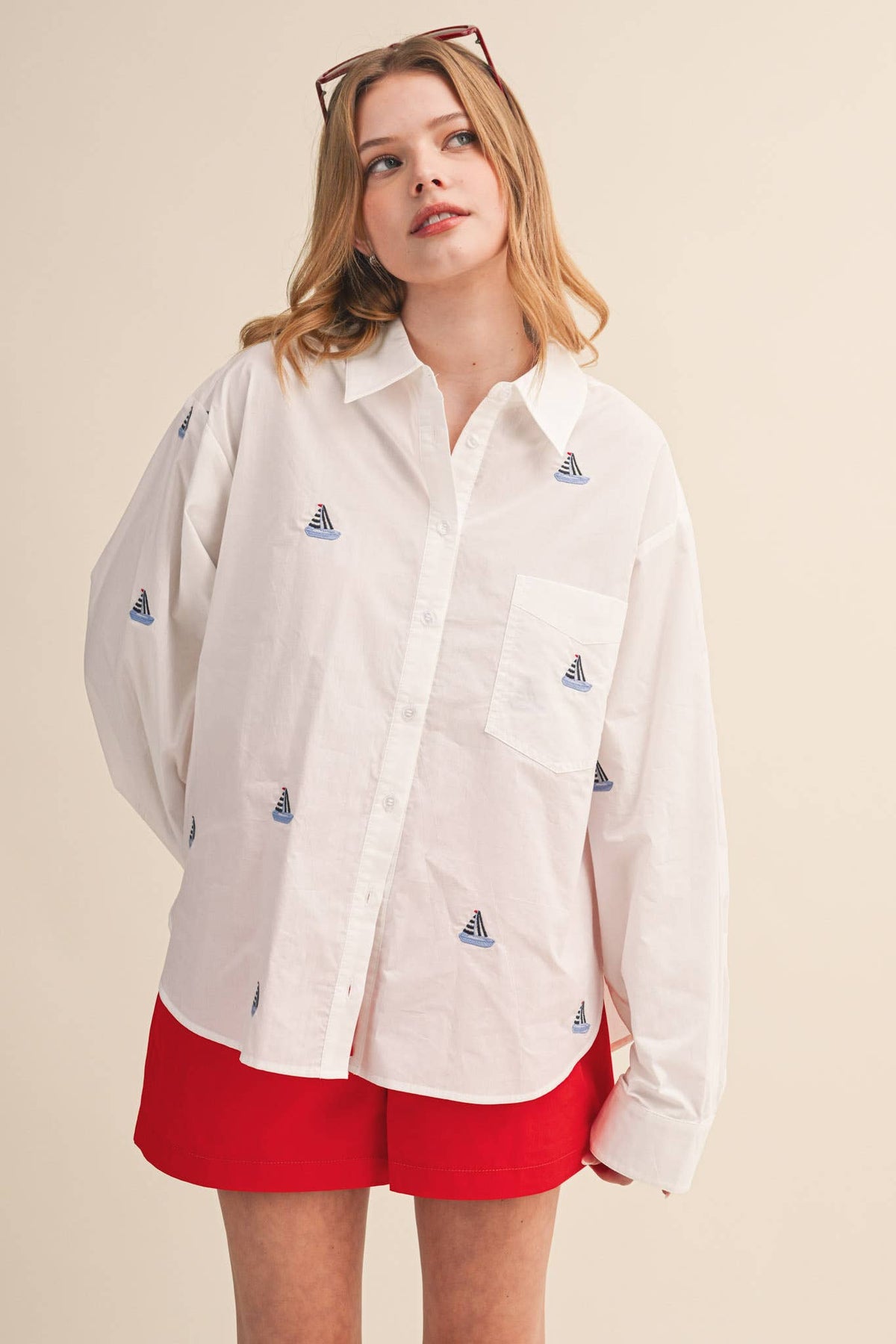 SAILBOAT EMBROIDERY BUTTON DOWN SHIRT MTP4688