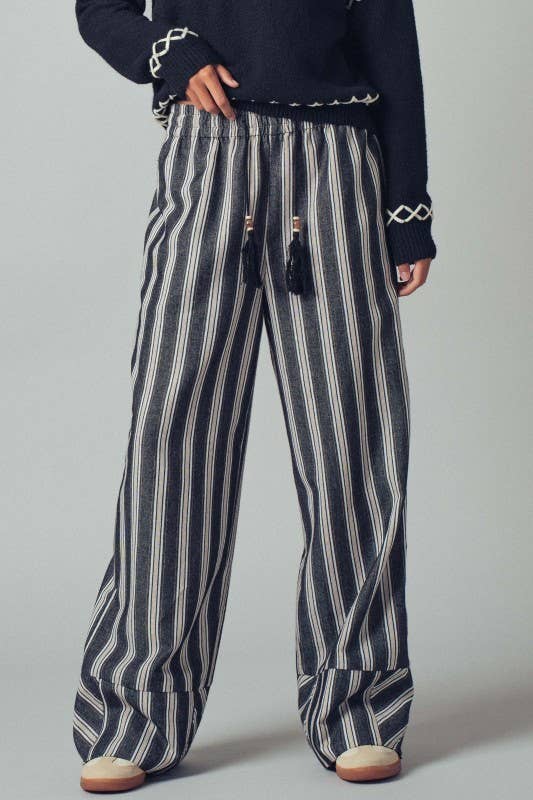 Striped Tassel Tie Wide-Leg Pants