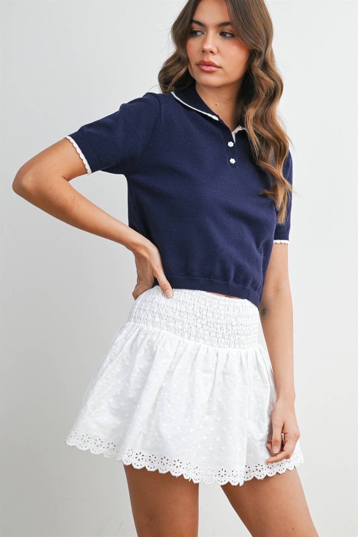 Scalloped Trim Knit Polo Top - BMW8391