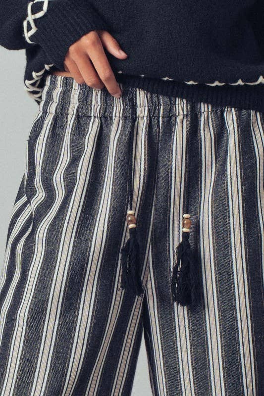 Striped Tassel Tie Wide-Leg Pants