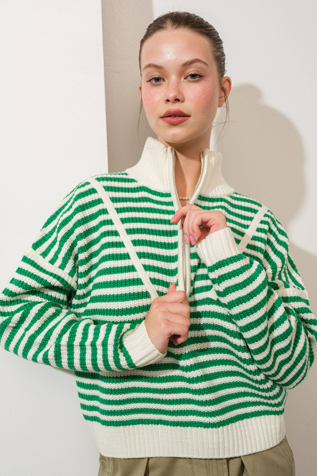 HSW1288 Preppy Californian Half-zip Striped Sweater-Ecru