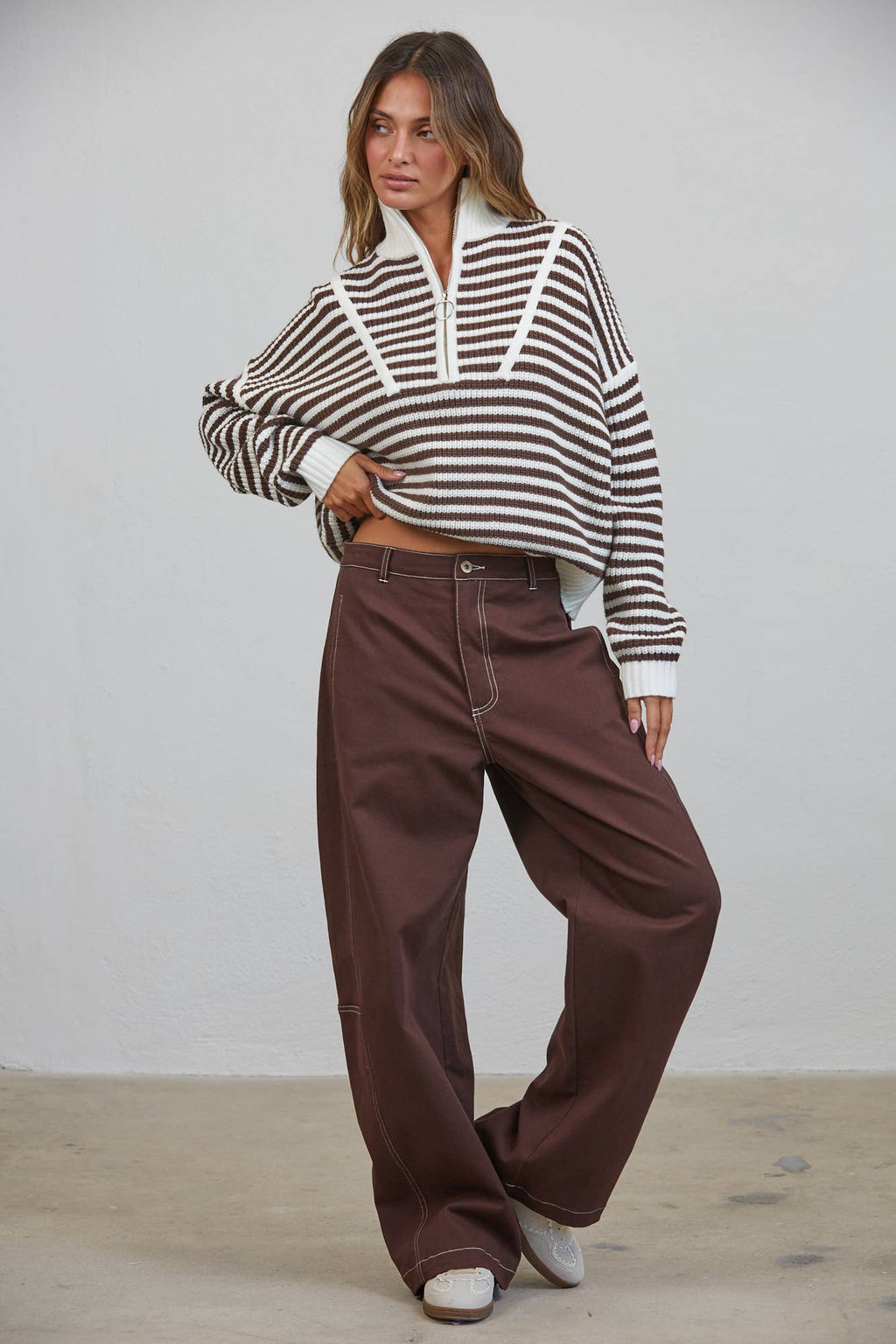HSW1288 Preppy Californian Half-zip Striped Sweater-Brown