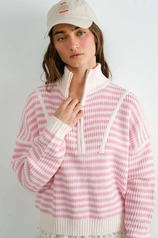 HSW1288 Preppy Californian Half-zip Striped Sweater-Ecru