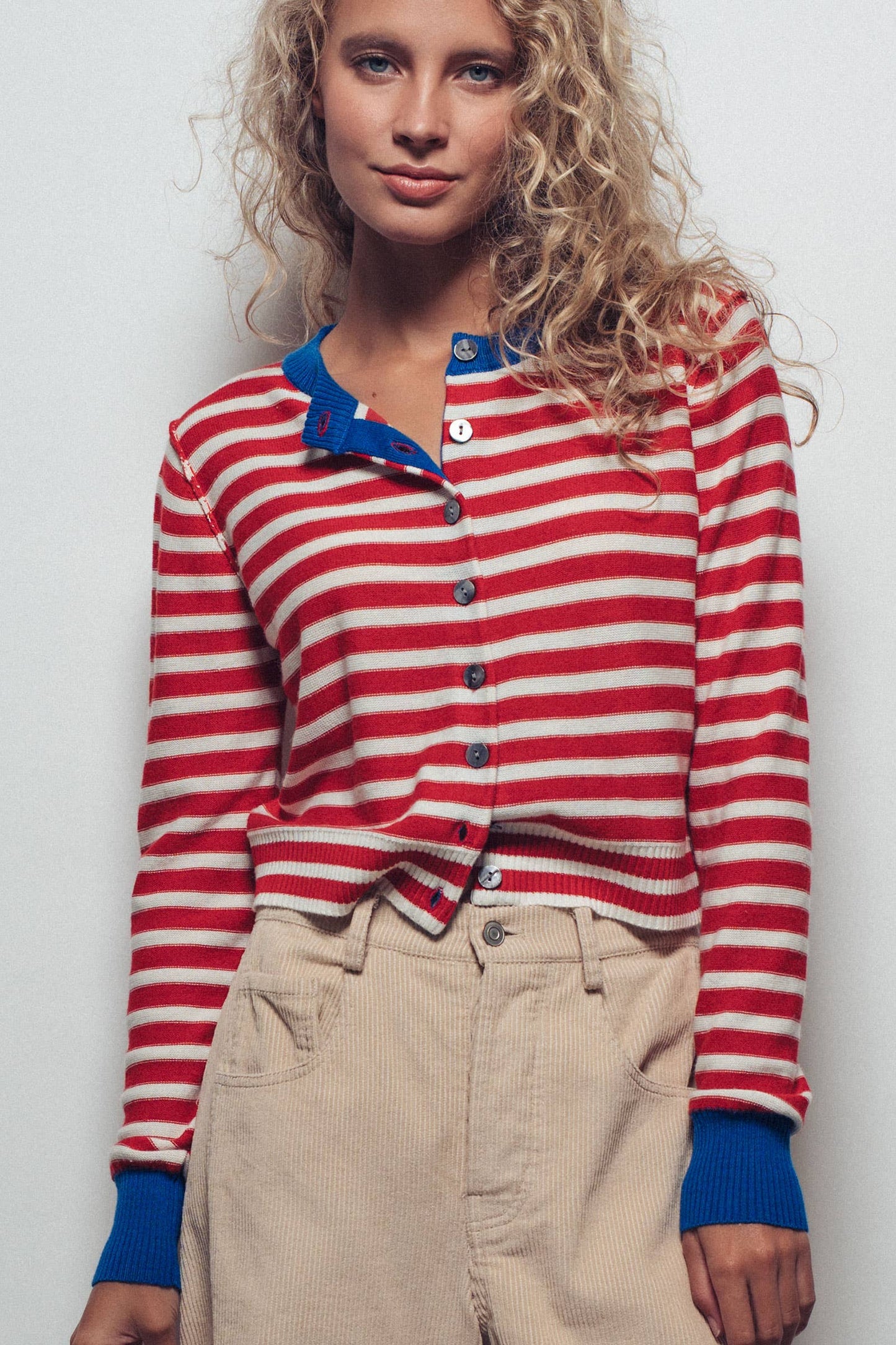 Striped Knit Cropped Button-Up Cardigan