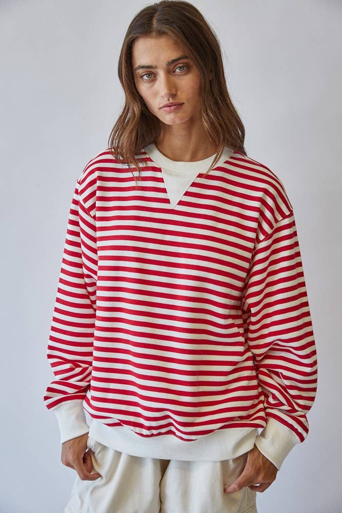HT1427-3 RED Classic Blue Stripe Pullover Sweatshirt