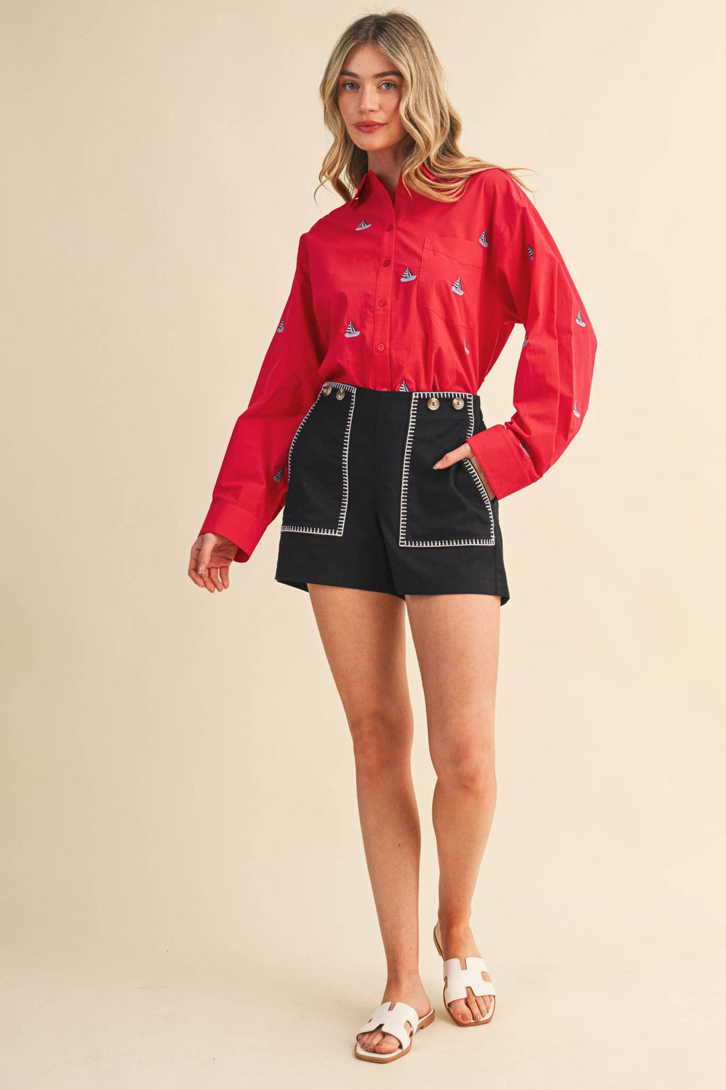 SAILBOAT EMBROIDERY BUTTON DOWN SHIRT MTP4688