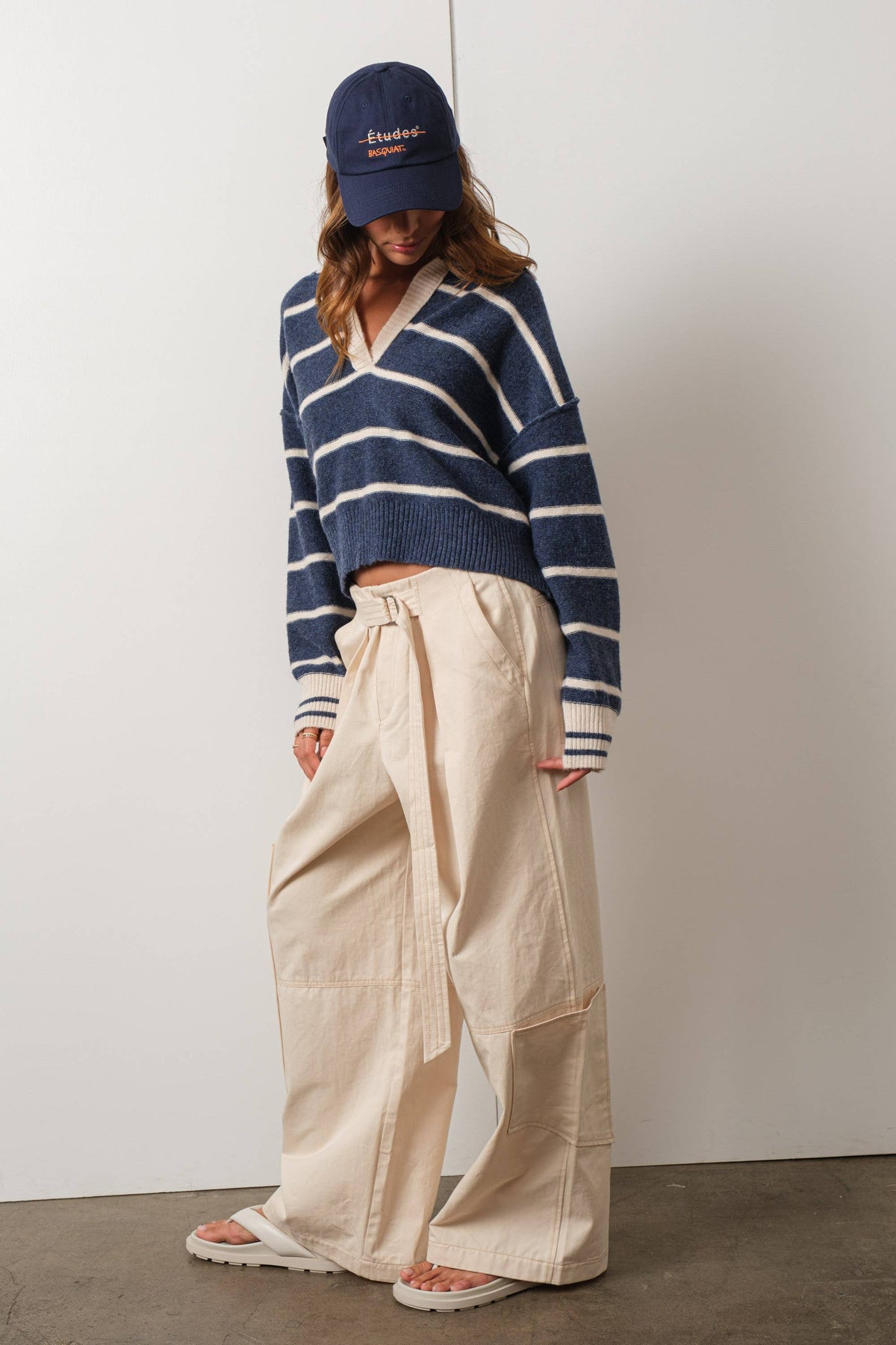 HSW1260-NAVY-Striped V Neck Collared Soft Sweater