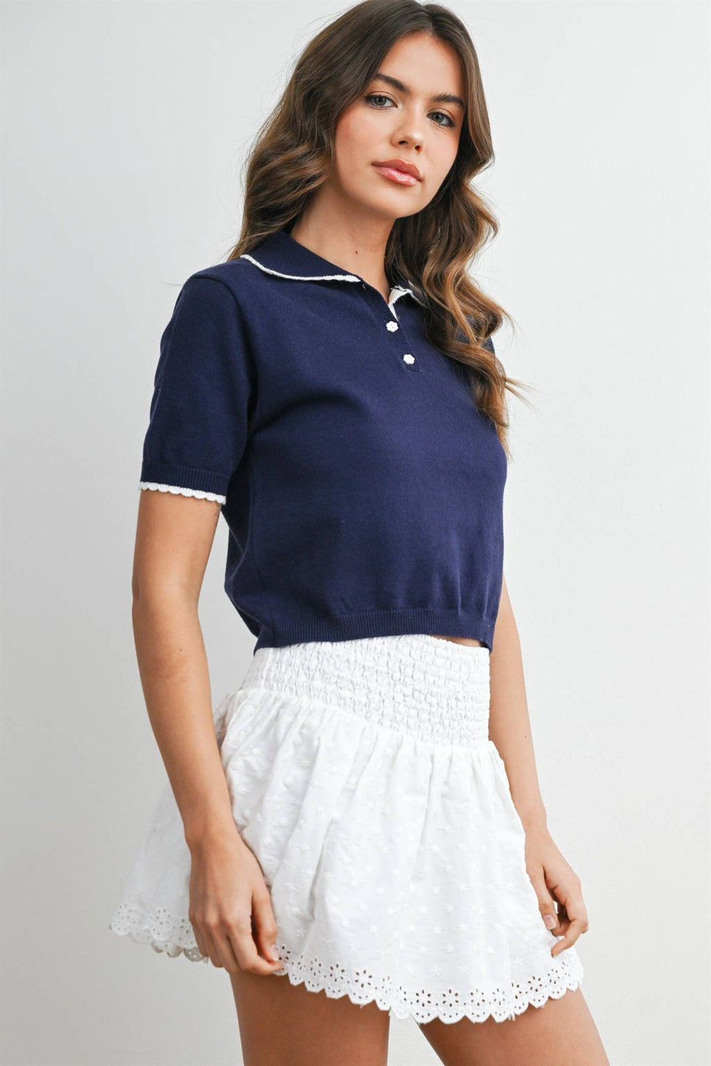 Scalloped Trim Knit Polo Top - BMW8391