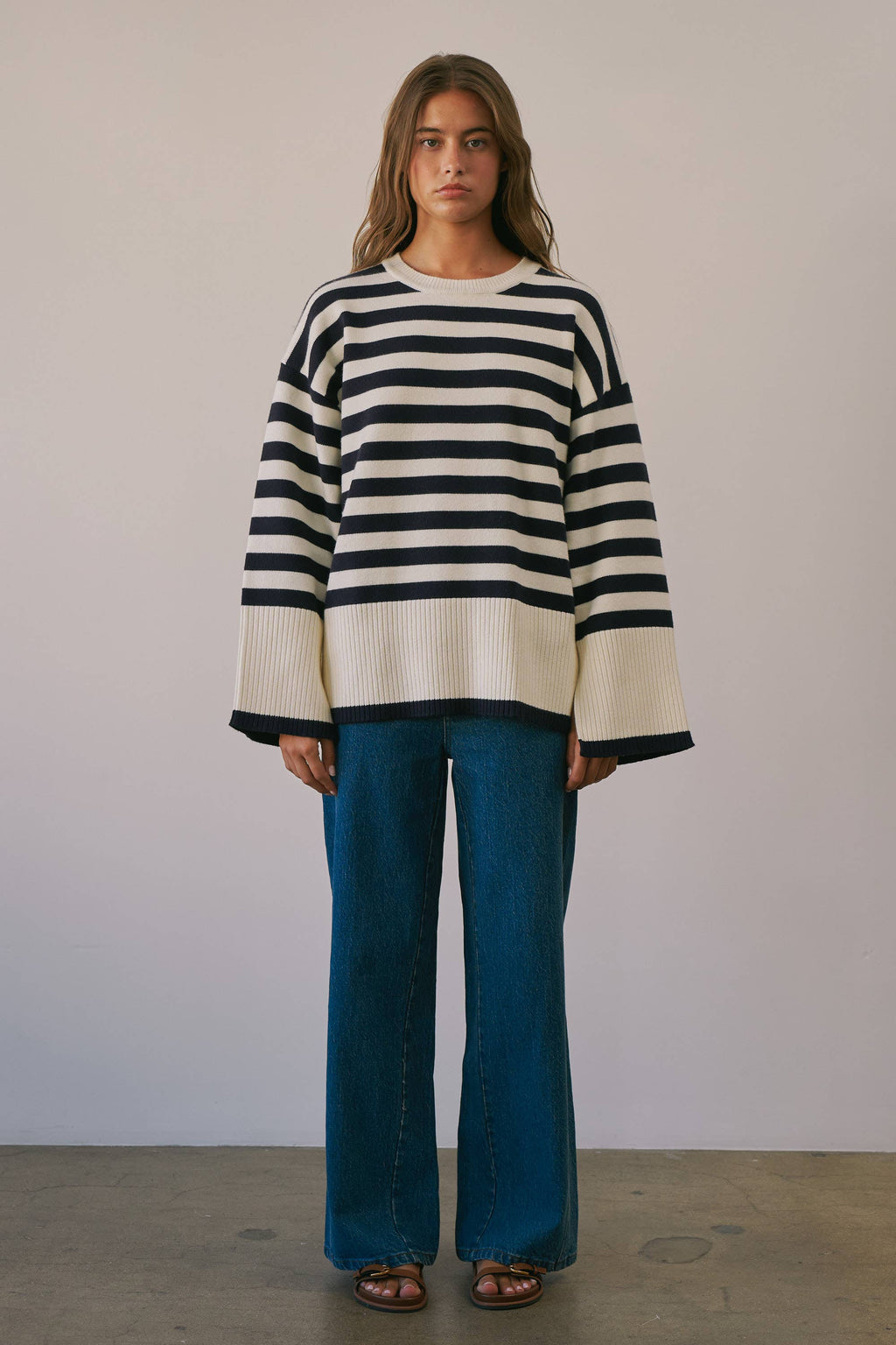 BSW1243 Striped Crew Neck Long Sleeve Sweater (NAVY)