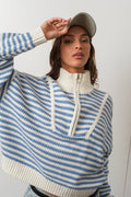 HSW1288 Preppy Californian Half-zip Striped Sweater-Ecru