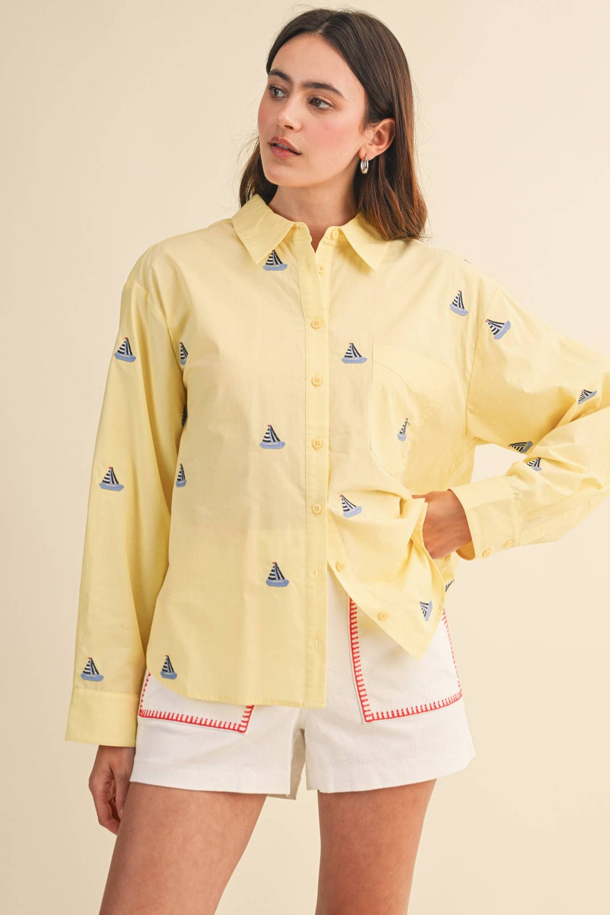 SAILBOAT EMBROIDERY BUTTON DOWN SHIRT MTP4688