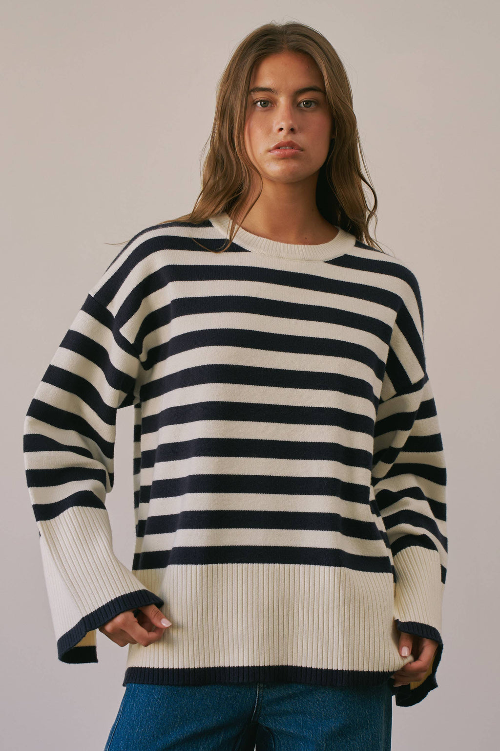 BSW1243 Striped Crew Neck Long Sleeve Sweater (NAVY)