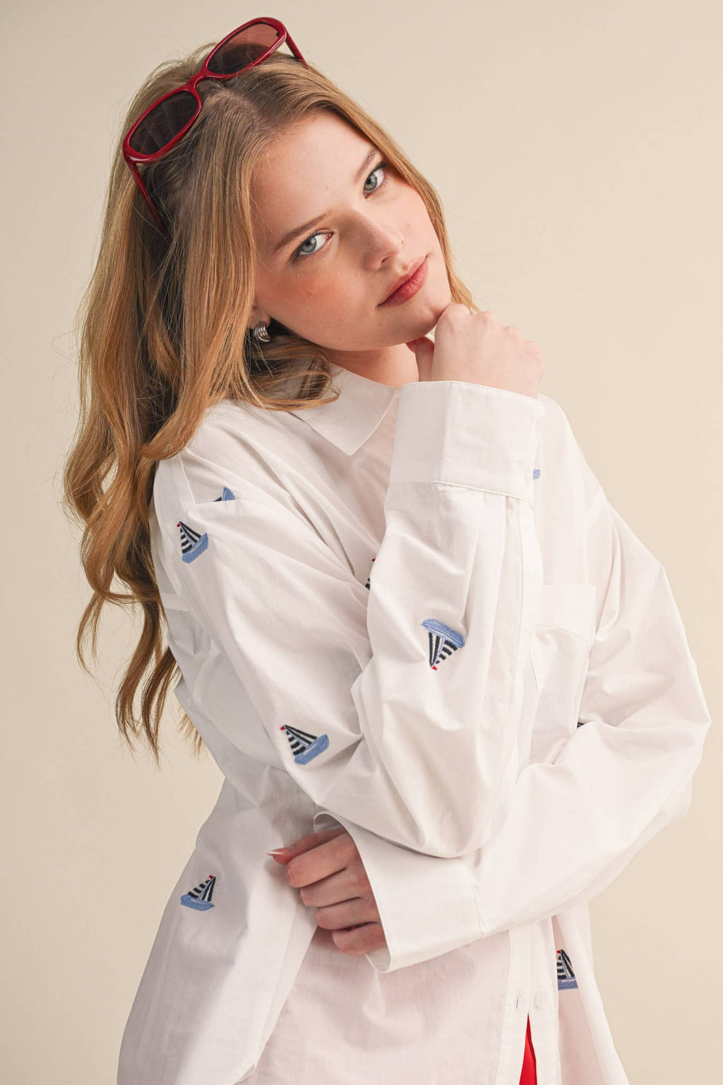 SAILBOAT EMBROIDERY BUTTON DOWN SHIRT MTP4688