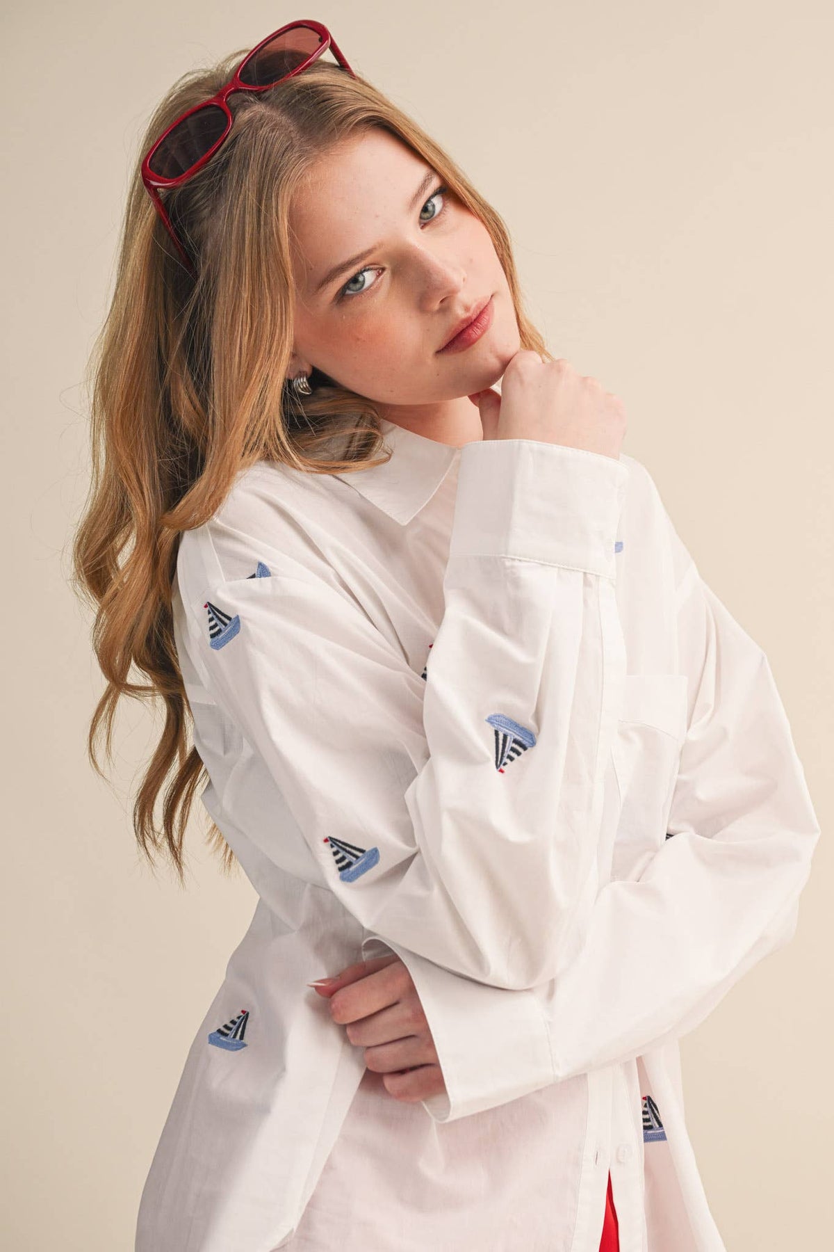 SAILBOAT EMBROIDERY BUTTON DOWN SHIRT MTP4688