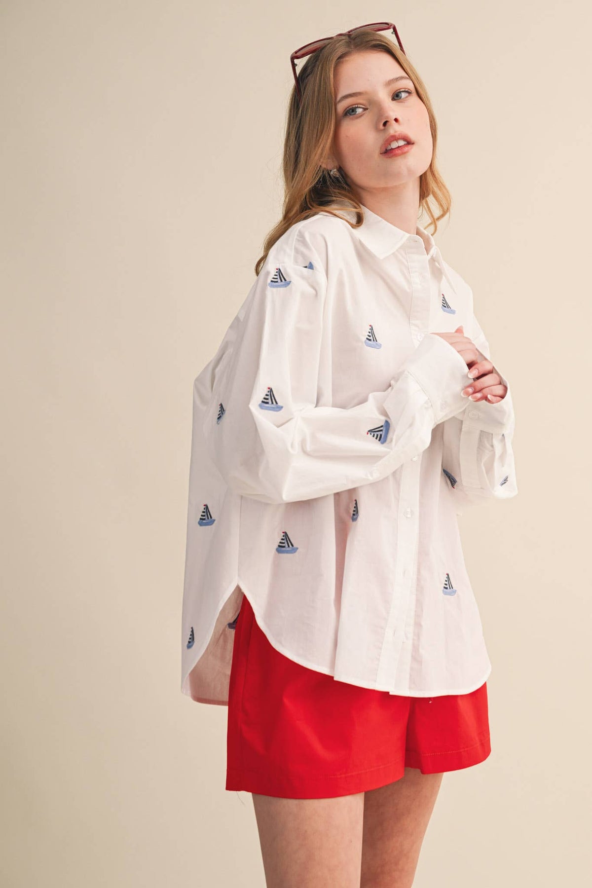 SAILBOAT EMBROIDERY BUTTON DOWN SHIRT MTP4688