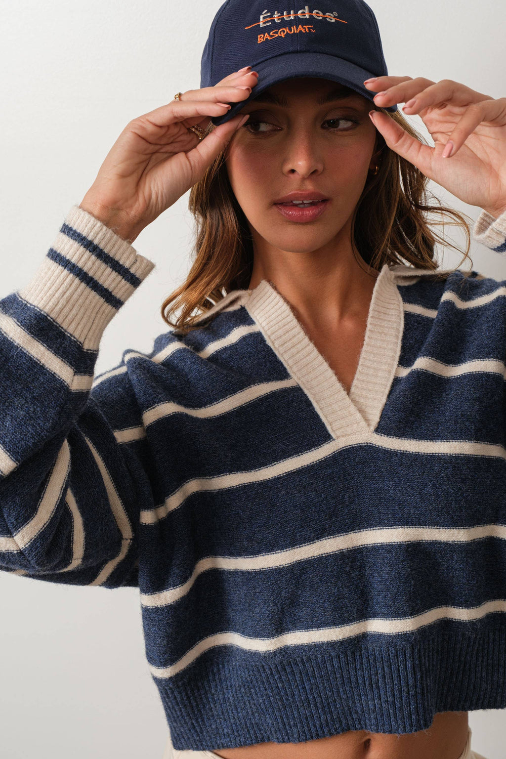 HSW1260-NAVY-Striped V Neck Collared Soft Sweater