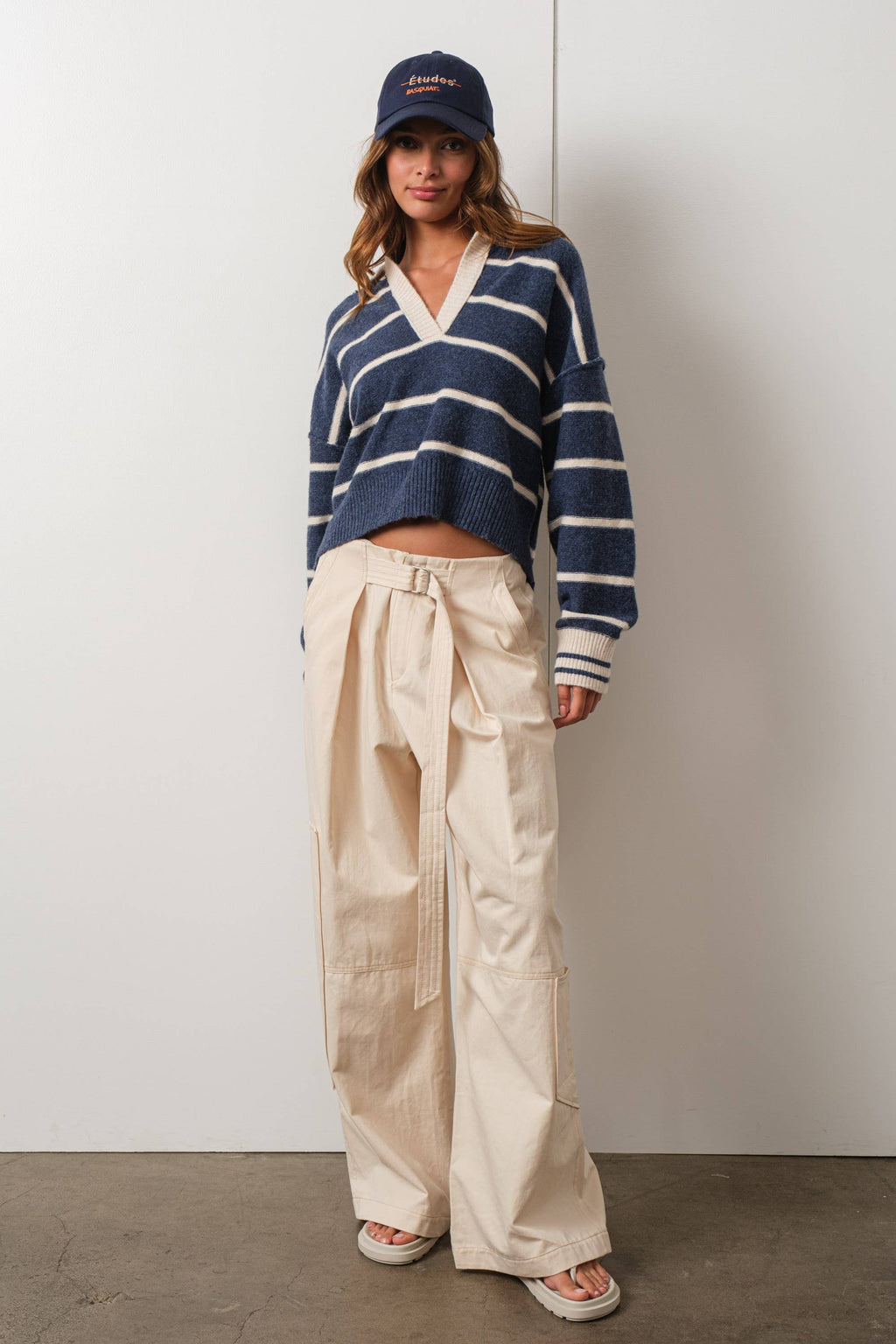 HSW1260-NAVY-Striped V Neck Collared Soft Sweater