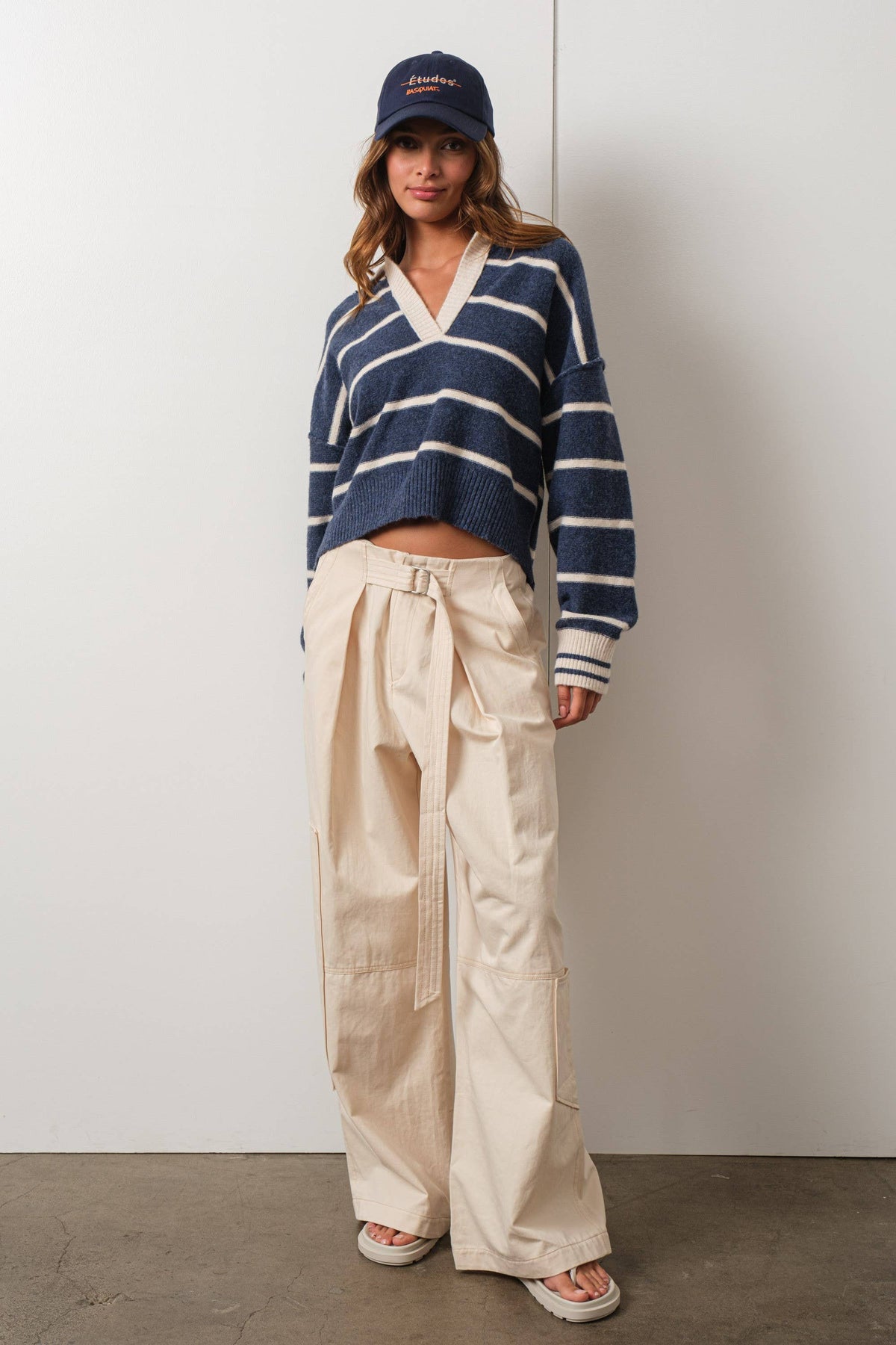 HSW1260-NAVY-Striped V Neck Collared Soft Sweater
