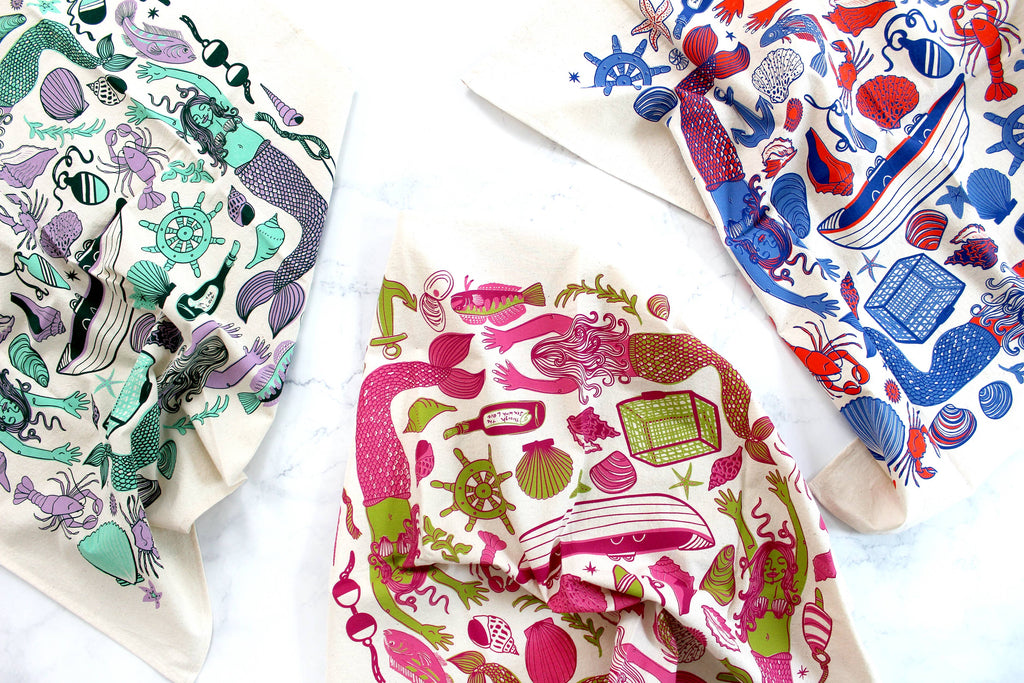 Mermaid Fantasy Screen Printed Tea Towel