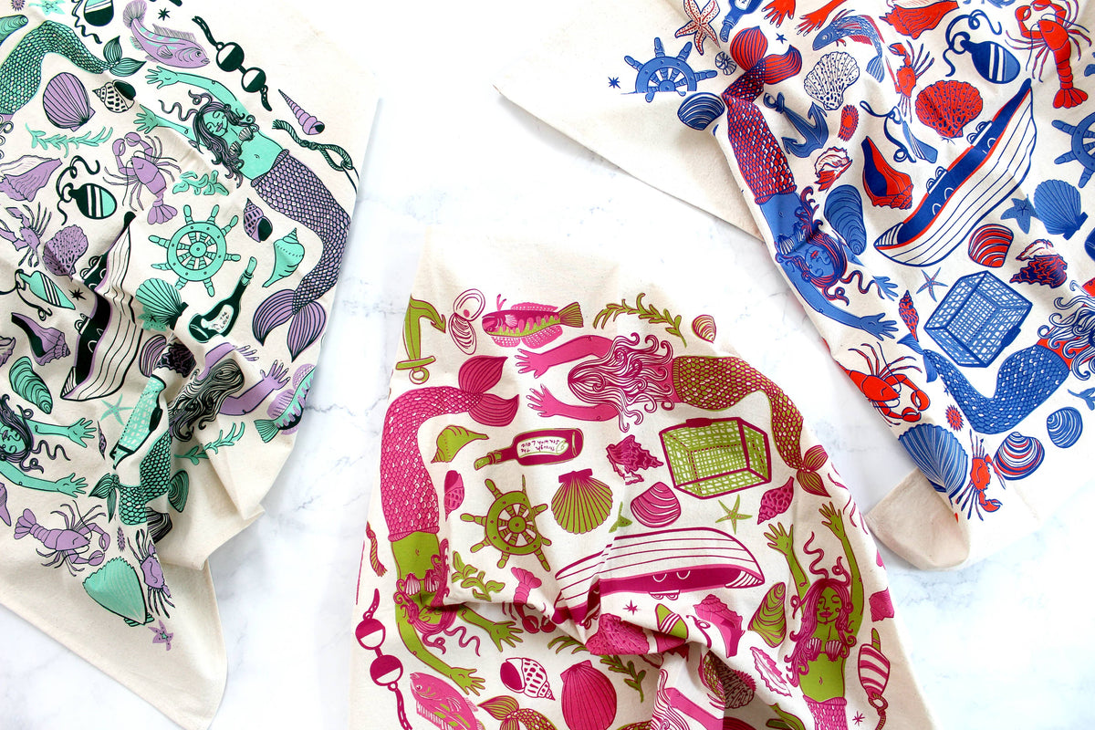 Mermaid Fantasy Screen Printed Tea Towel