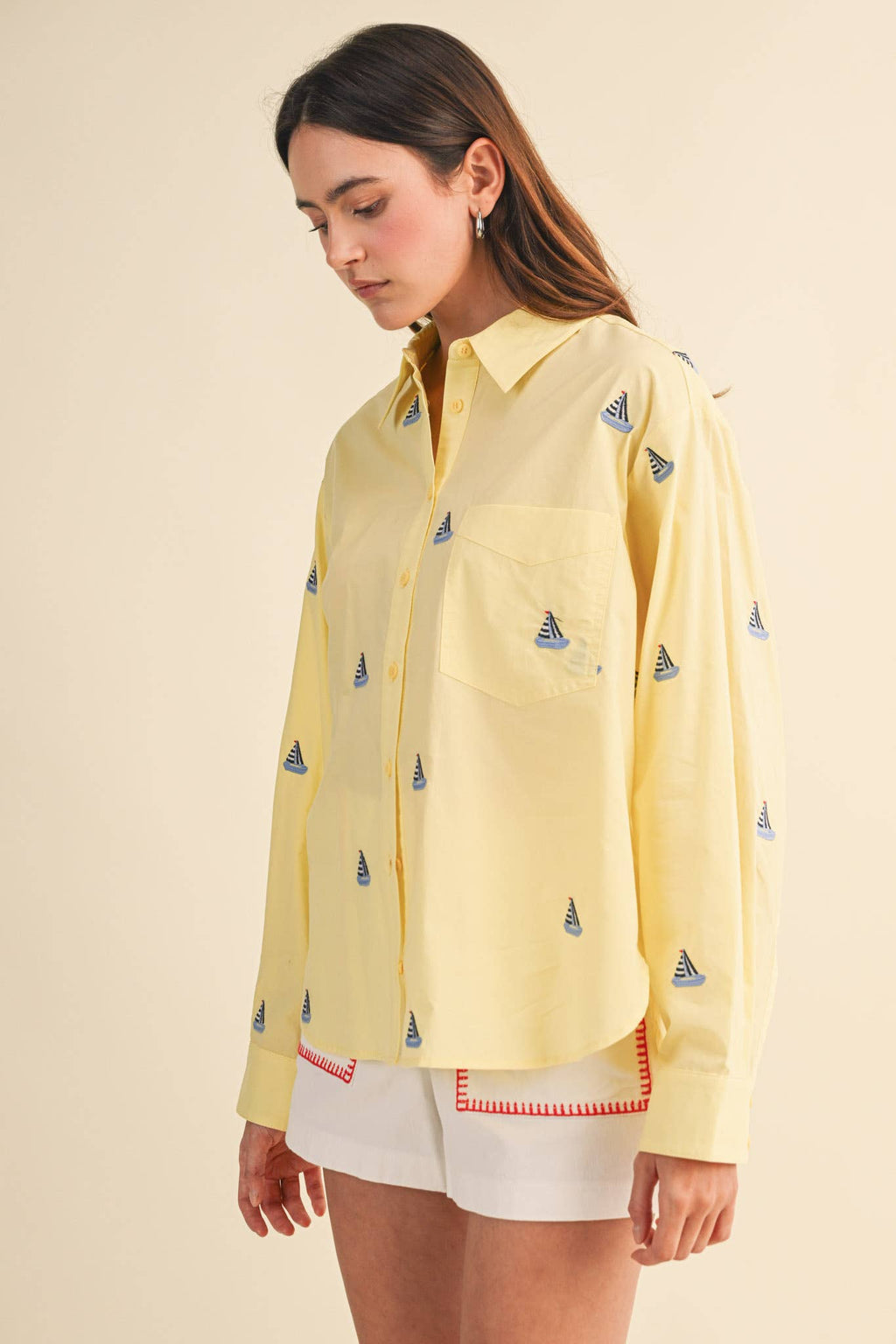 SAILBOAT EMBROIDERY BUTTON DOWN SHIRT MTP4688