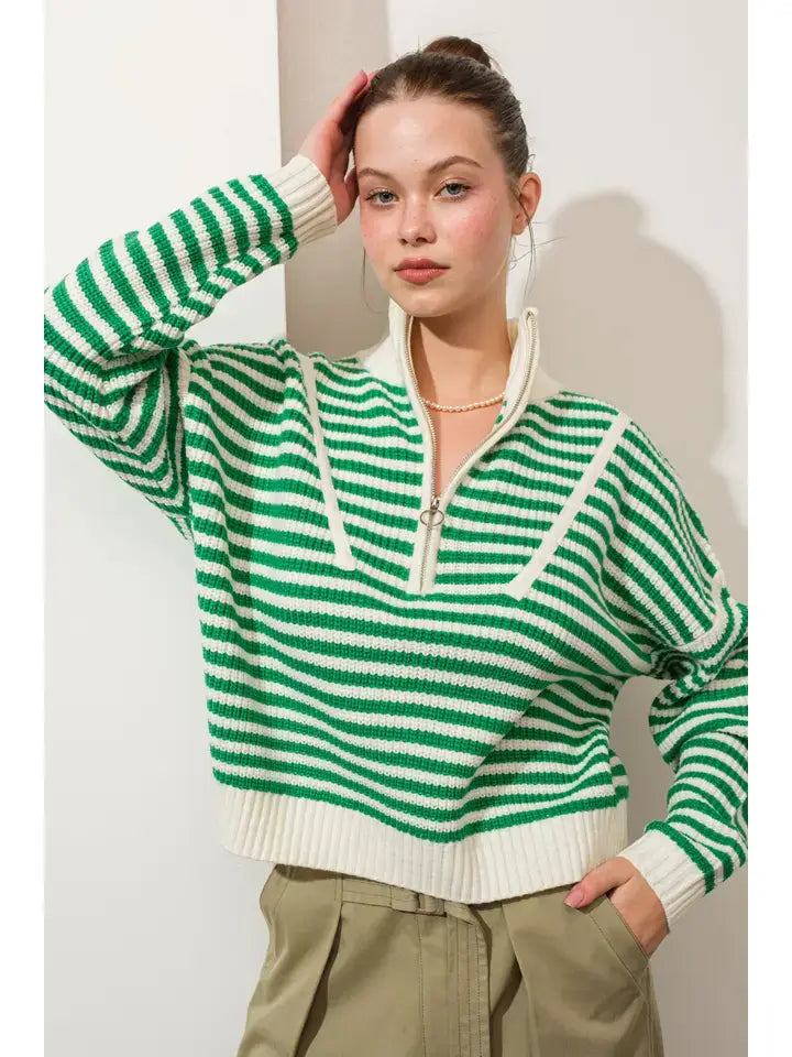 HSW1288 Preppy Californian Half-zip Striped Sweater-Brown
