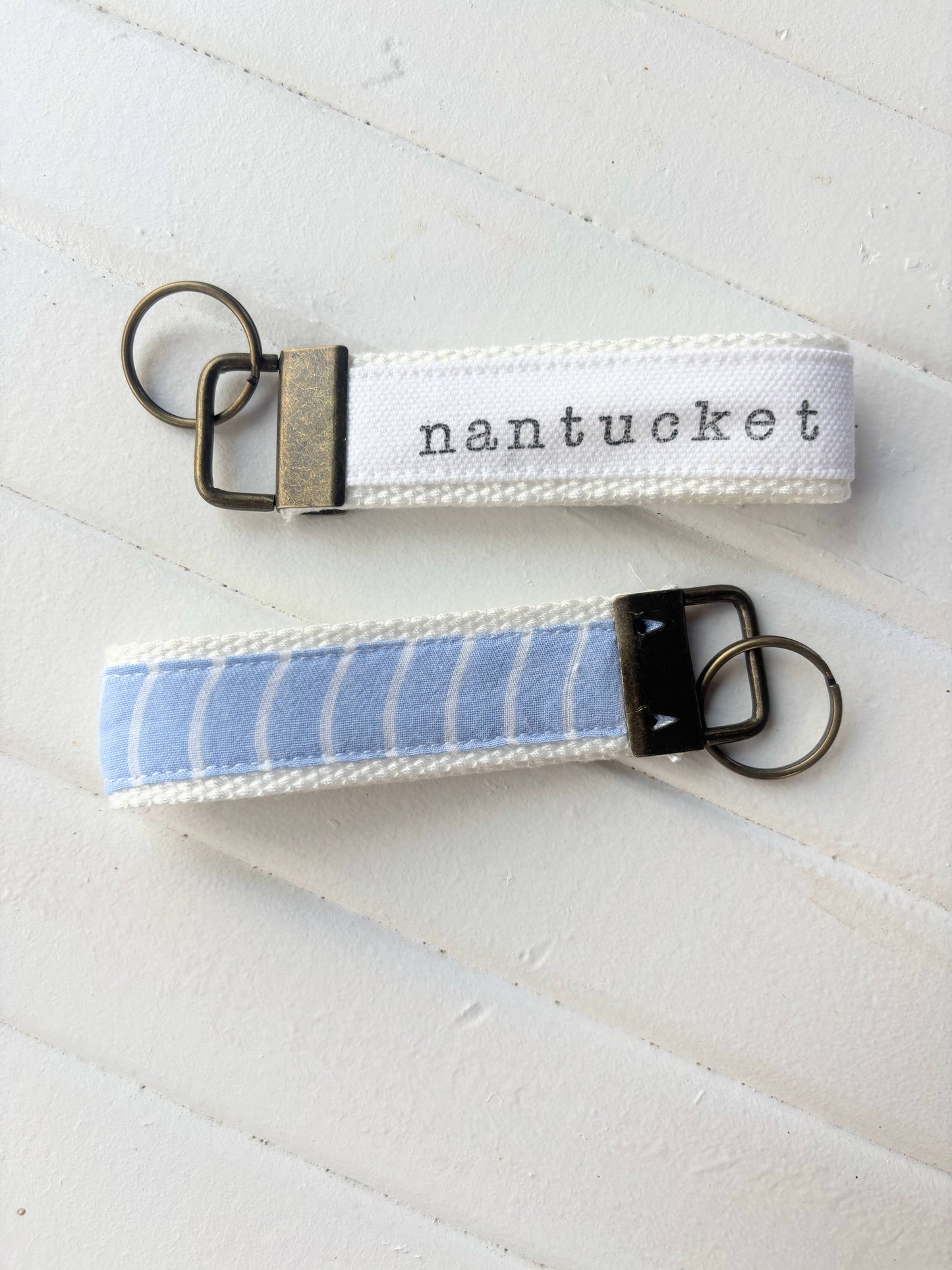 Custom Town Name Coastal Stripes Upcycled Fabric Key Fobs