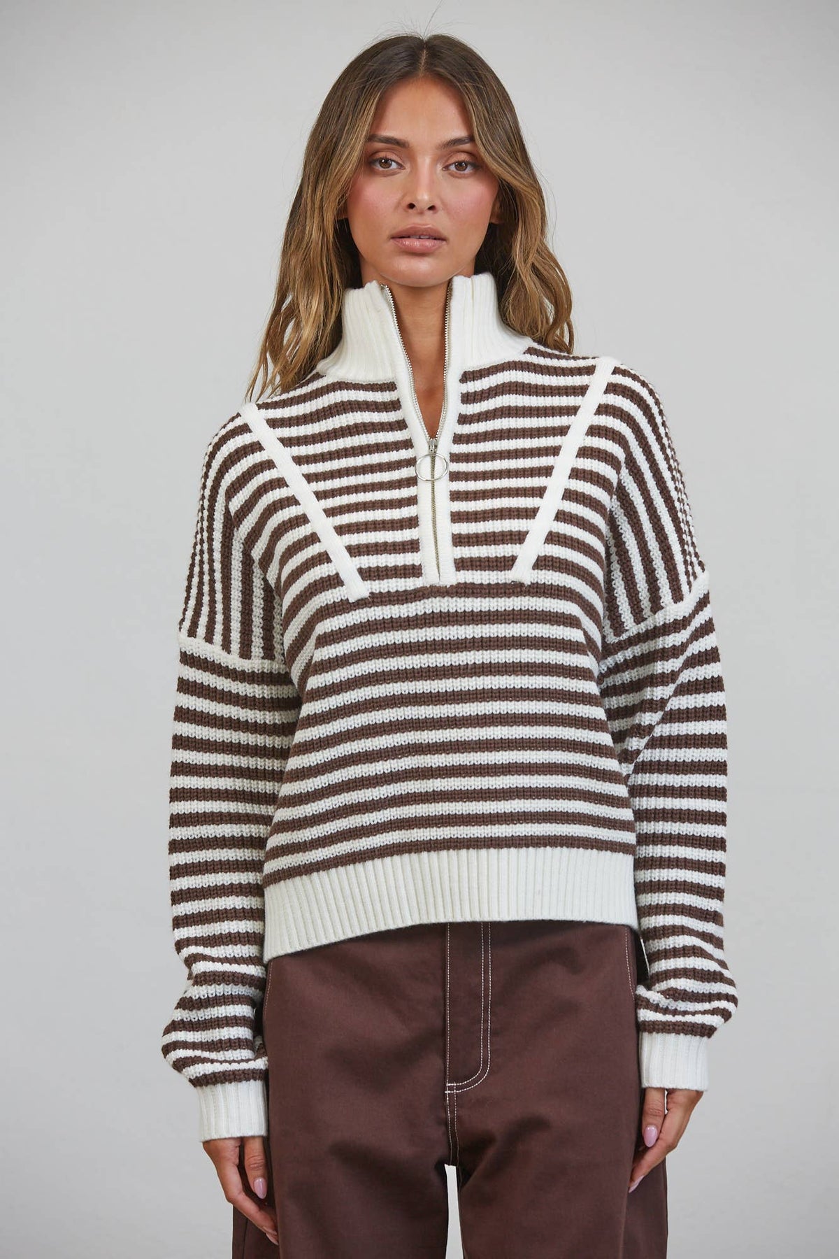 HSW1288 Preppy Californian Half-zip Striped Sweater-Brown