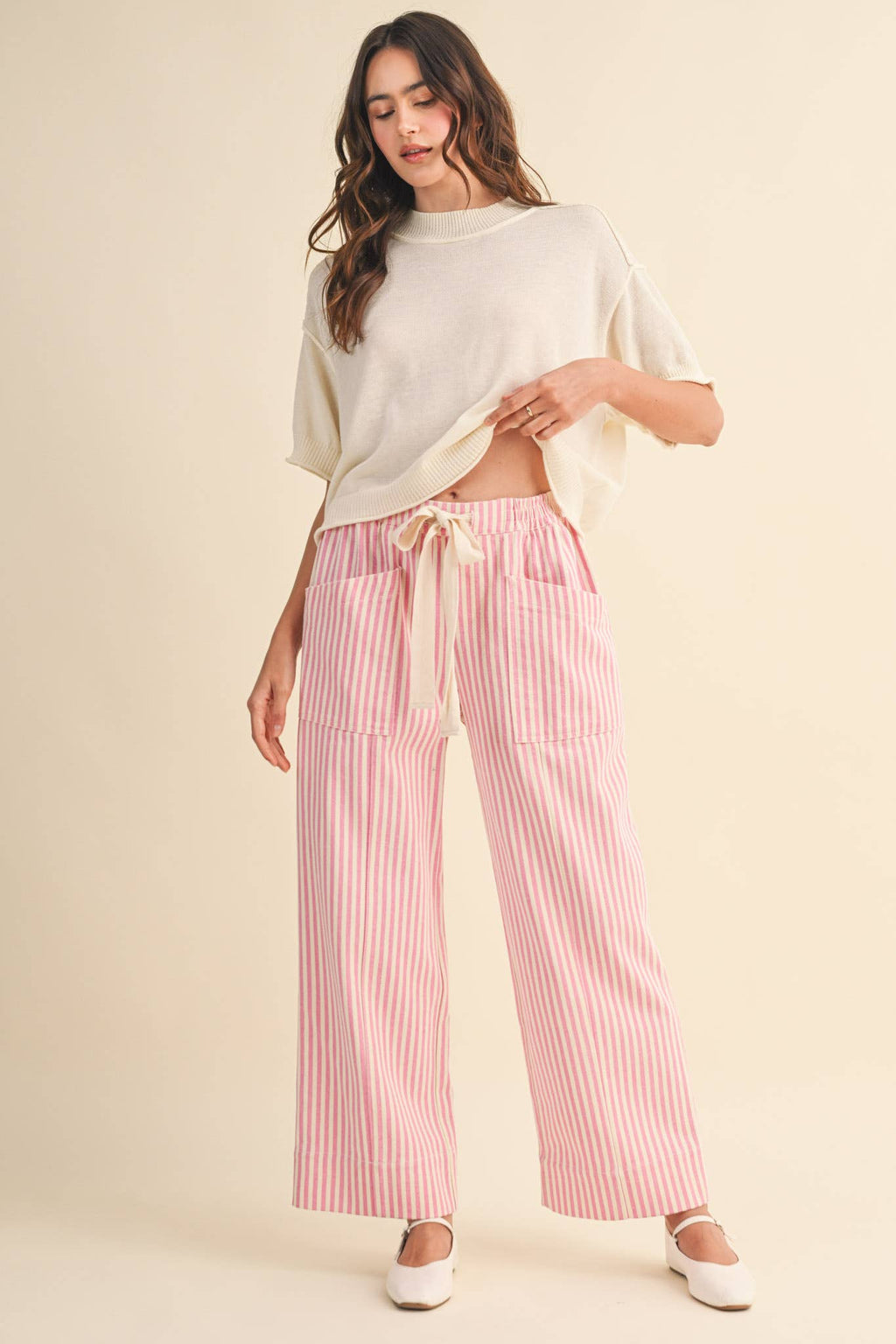 STRIPED WIDE LEG DRAWSTRING PANTS MP5090