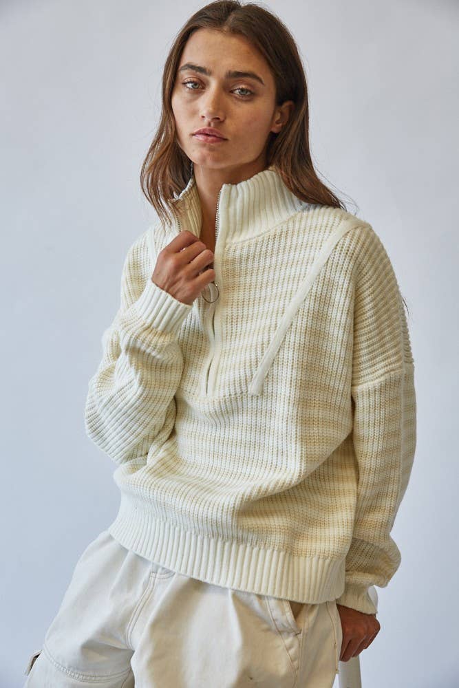 HSW1288 Preppy Californian Half-zip Striped Sweater-Ecru