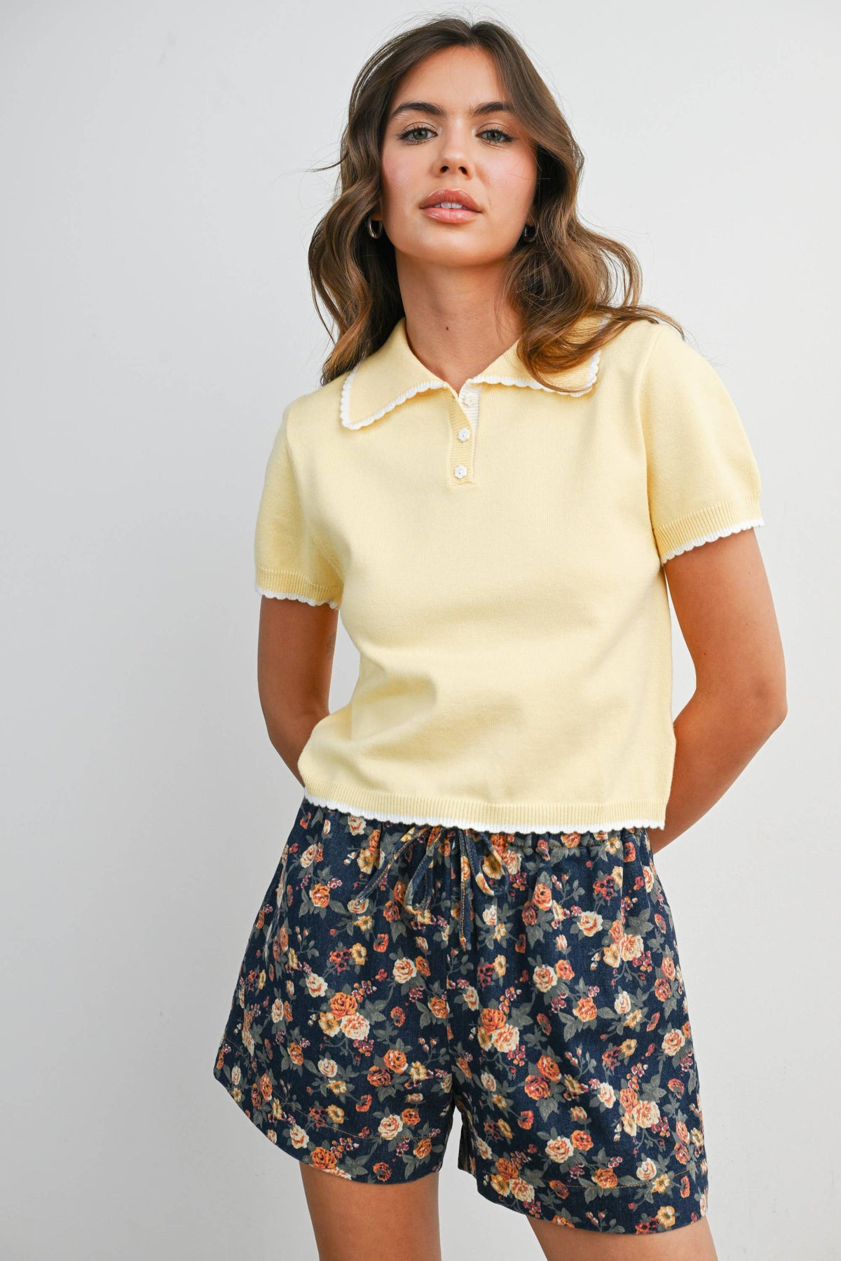 Scalloped Trim Knit Polo Top - BMW8391