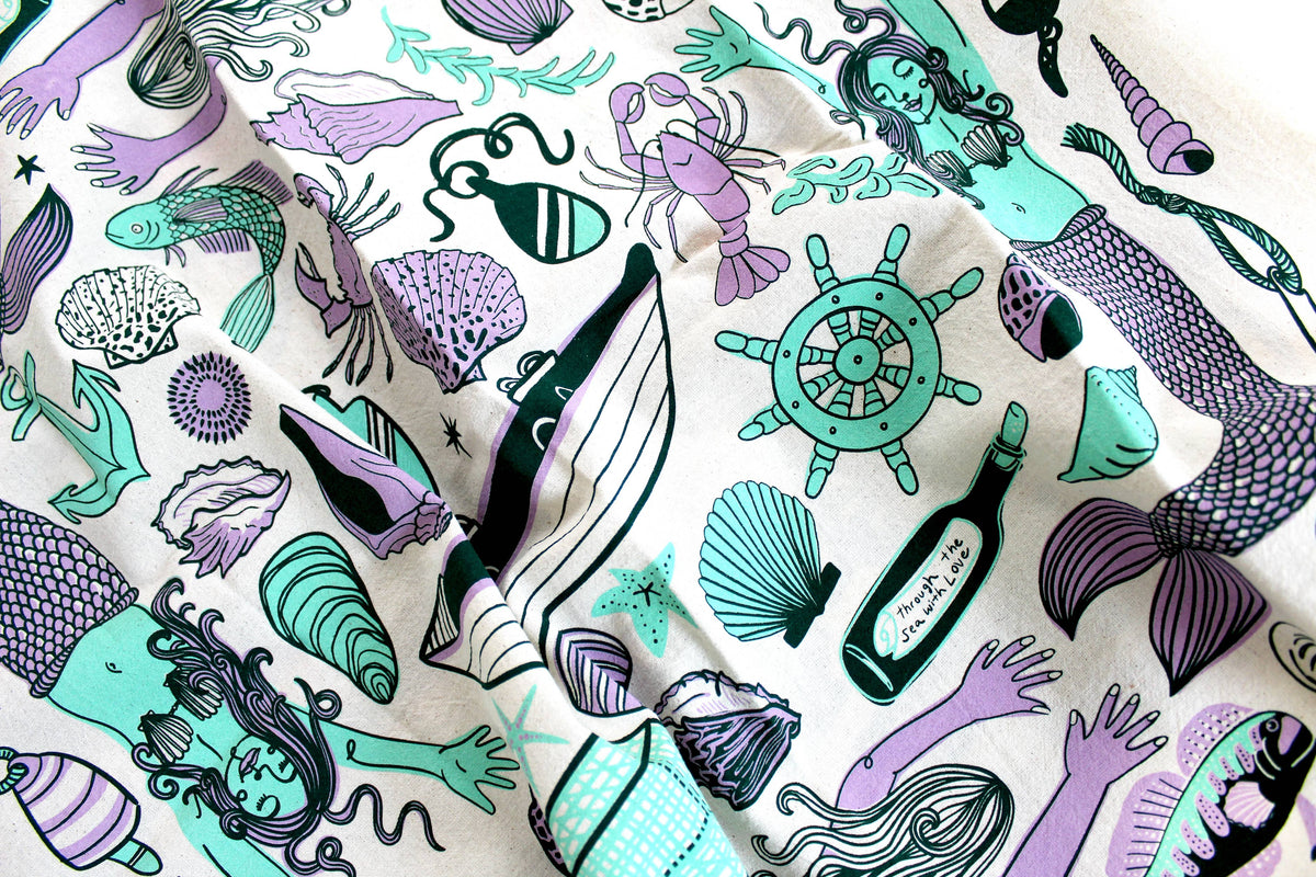 Mermaid Fantasy Screen Printed Tea Towel