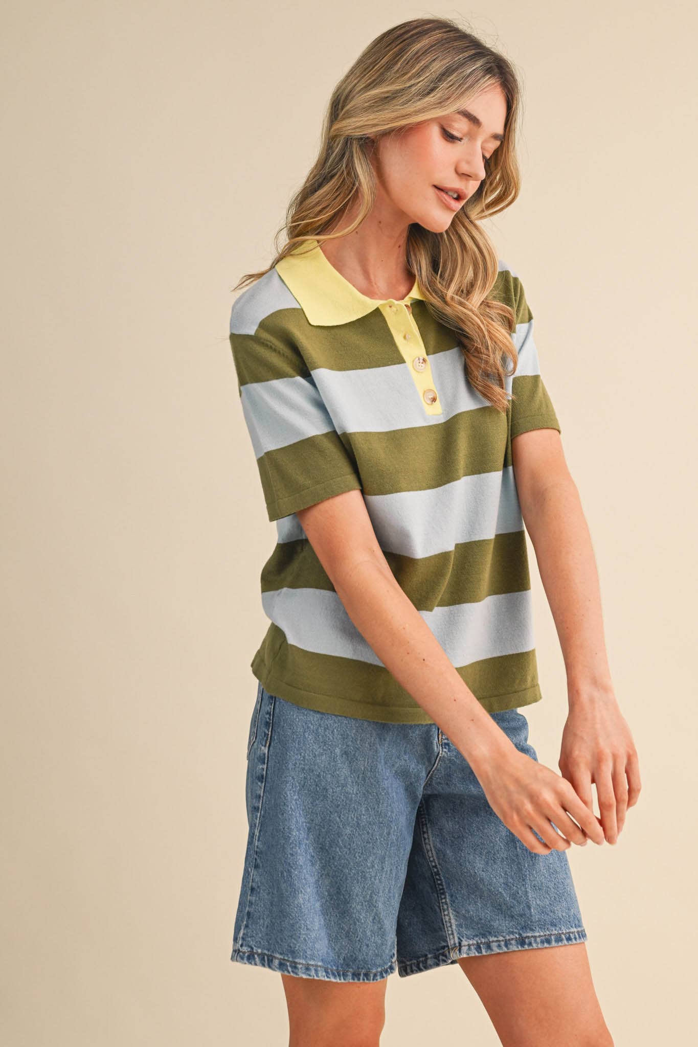 STRIPED SWEATER KNIT SHORT SLEEVE POLO MSW11339