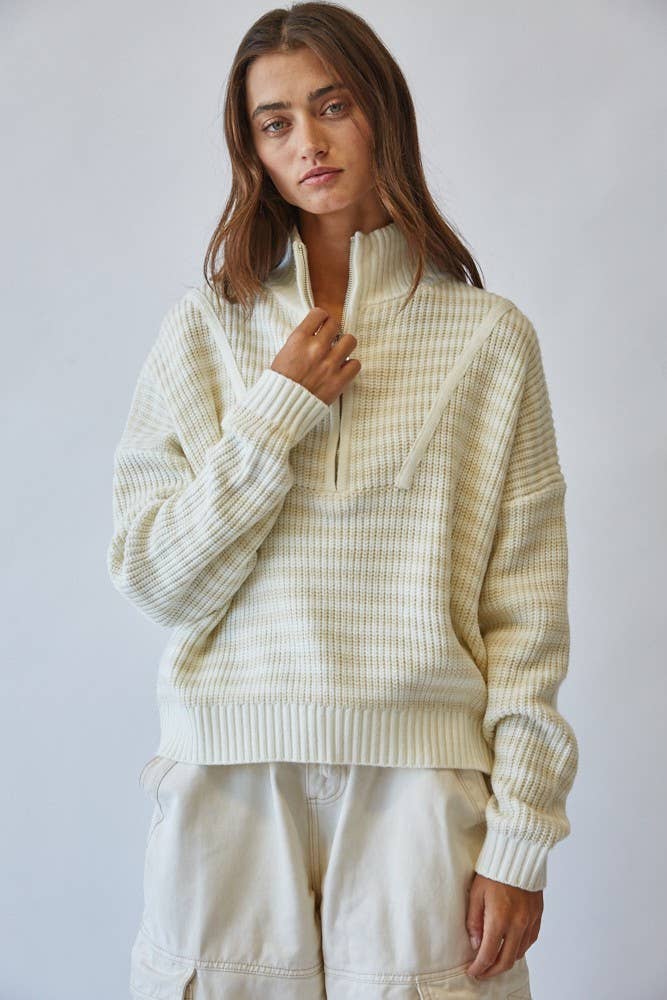 HSW1288 Preppy Californian Half-zip Striped Sweater-Ecru
