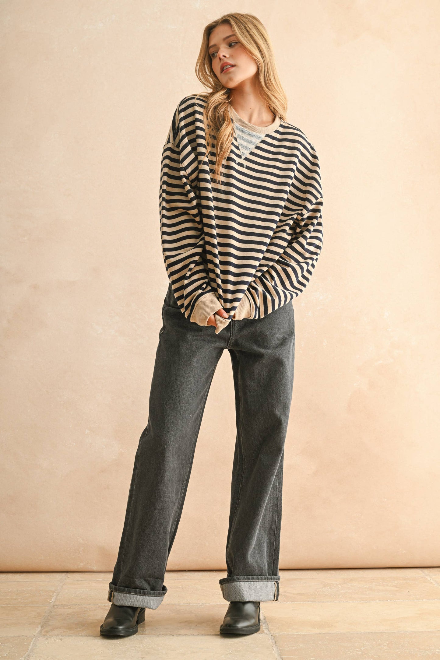 T4247   STRIPED KNITTED LONG SLEEVE PULLOVER