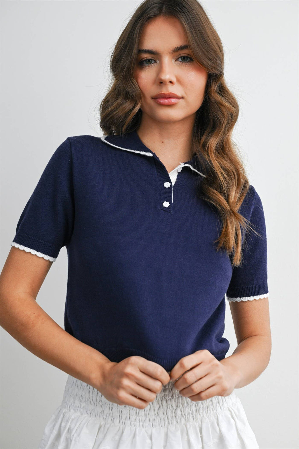 Scalloped Trim Knit Polo Top - BMW8391