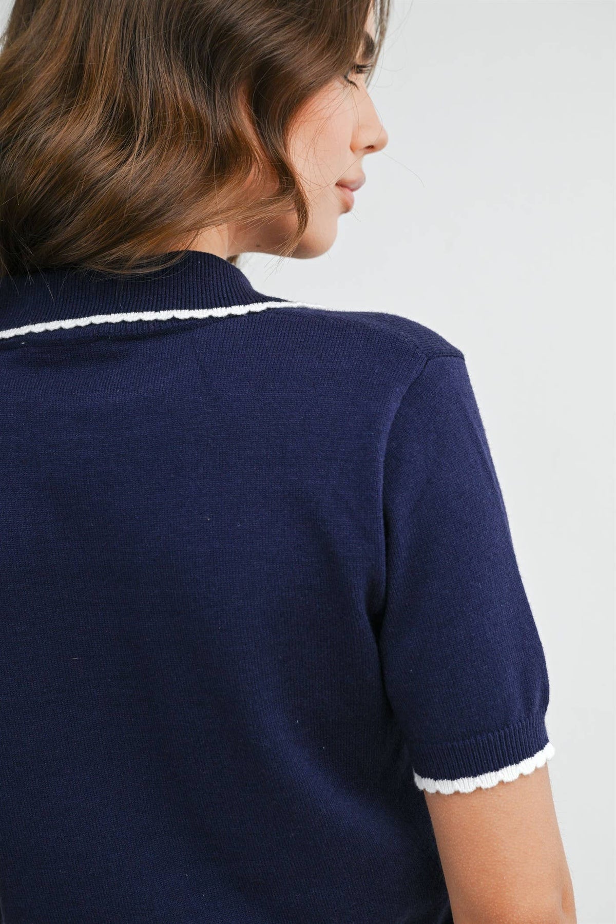 Scalloped Trim Knit Polo Top - BMW8391
