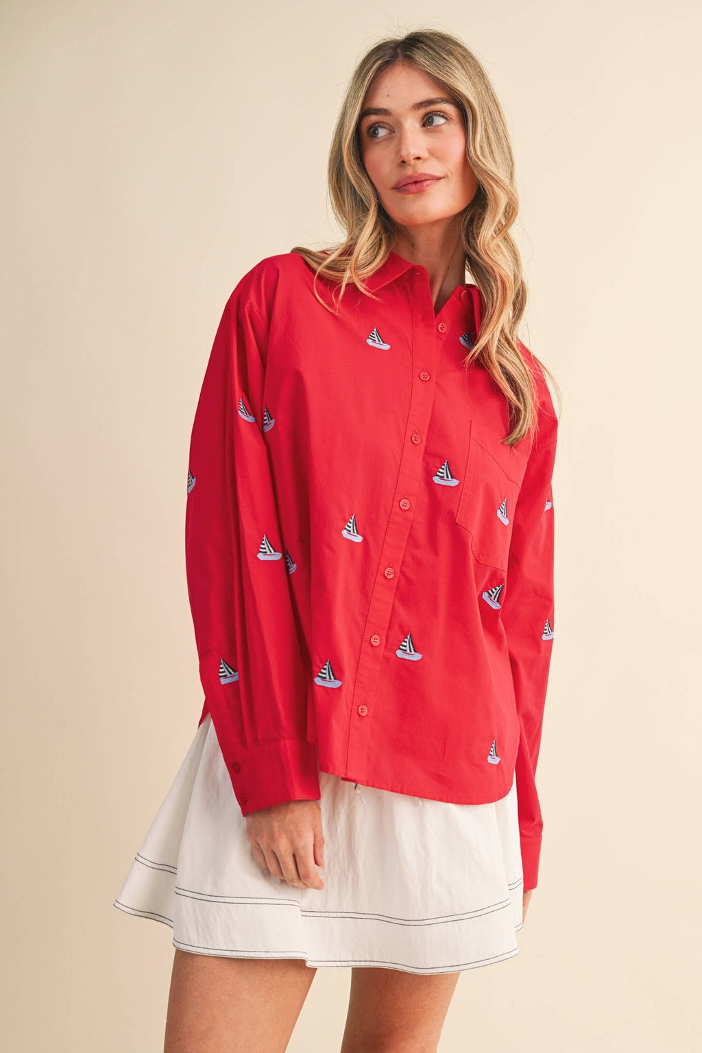 SAILBOAT EMBROIDERY BUTTON DOWN SHIRT MTP4688