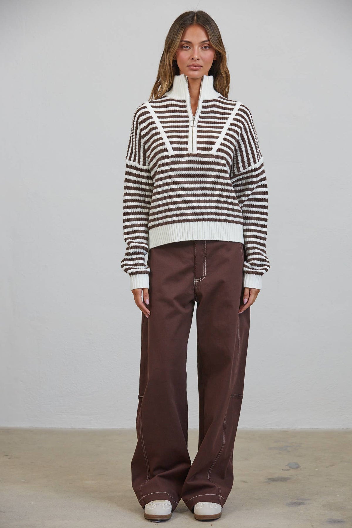 HSW1288 Preppy Californian Half-zip Striped Sweater-Brown