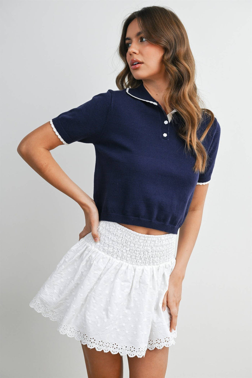 Scalloped Trim Knit Polo Top - BMW8391
