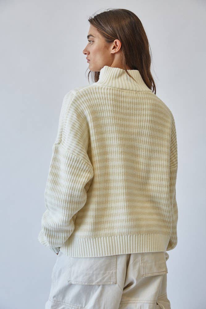 HSW1288 Preppy Californian Half-zip Striped Sweater-Ecru