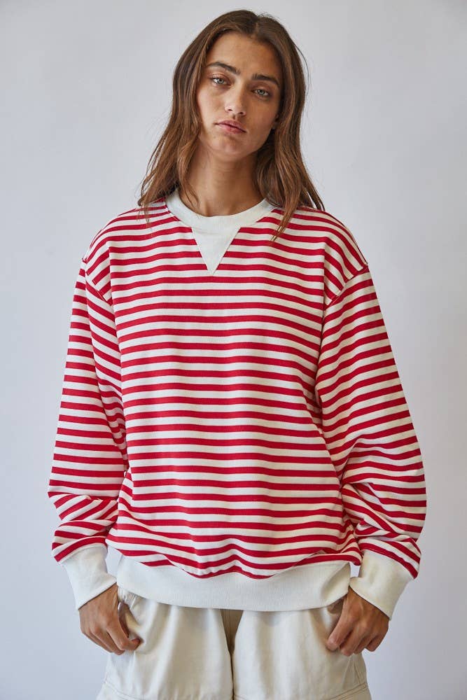 HT1427-3 RED Classic Blue Stripe Pullover Sweatshirt