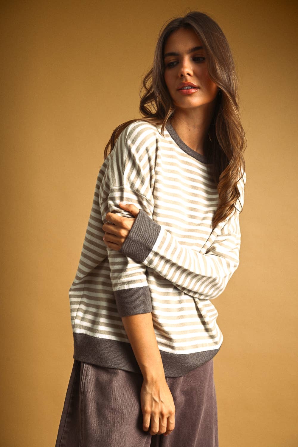 T7568   STRIPED MULTI COLOR CONTRAST KNIT TOP