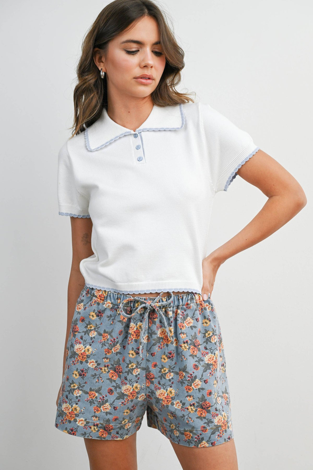 Scalloped Trim Knit Polo Top - BMW8391