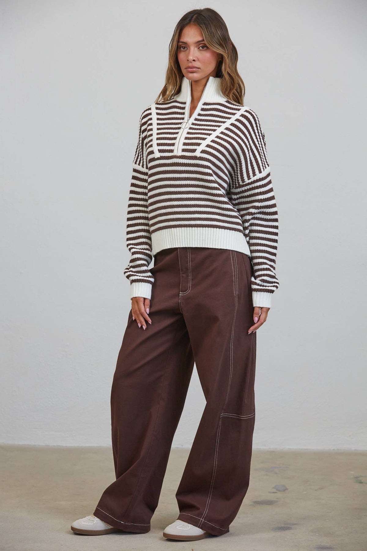 HSW1288 Preppy Californian Half-zip Striped Sweater-Brown